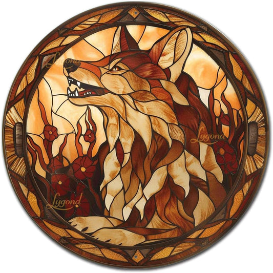 Lygond Metal Sign Tin Sign Circular Stained Glass Coyote Tin Signs Gardening for Bar 8×8 Inches
