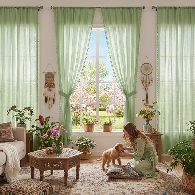 WAZZIO Boho Lace Curtains 84 Inches 2 Panel,Light Filtering Privacy Tassel & Geometry Crochet Semi Sheer Curtain Drapes for Bedroom Living Dining Room,Rod Pocket & Tassel,Grass Green