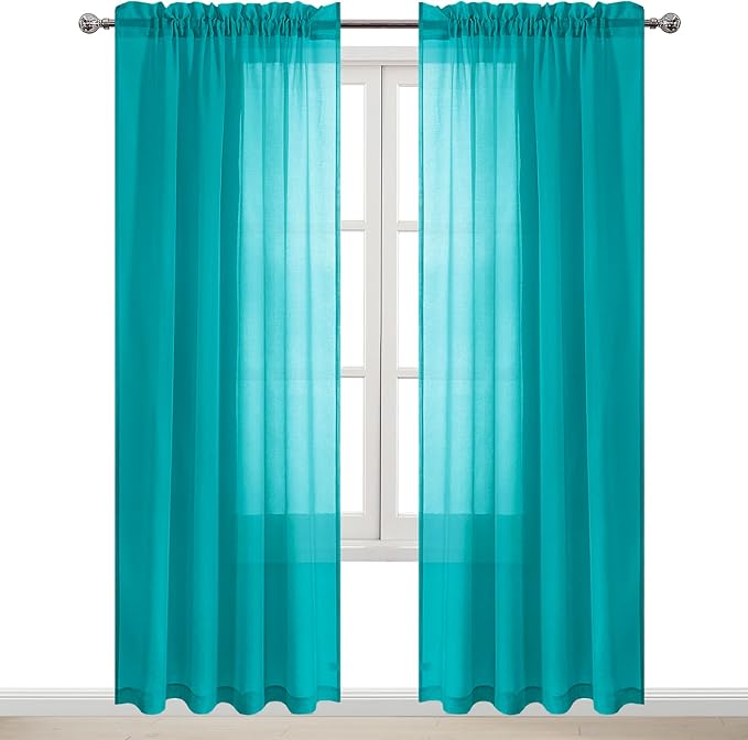 DWCN Turquoise Sheer Curtains Semi Transparent Voile Rod Pocket Curtains for Bedroom and Living Room, 52 x 84 inches Long, Set of 2 Panels