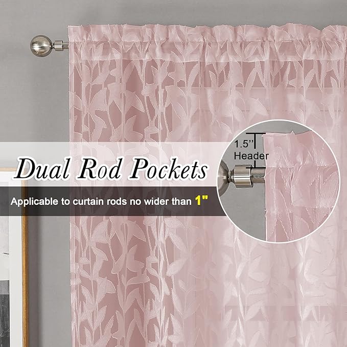 Lecloud Leia Blush Pink Sheer Curtains for Living Room Decor 54 Inch Length 2 Pcs, Rod Pockets Window Curtains for Bedroom, Light Filtering Jacquard Leaf Textured Drapes, Each Panel 42" W x 54" L