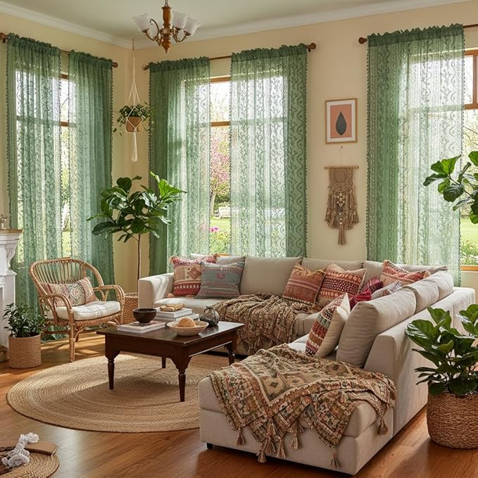 WAZZIO Boho Lace Curtains 2 Panels 96 Inches -Vintage Victorian Sheer Panel Drape French Country Floral Pattern & Tassel Light Filtering Privacy for Bedroom Dining Living Room,Dark Sage Green,W52x L96