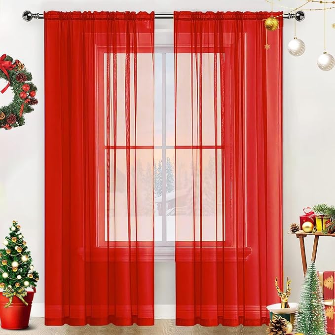 SpaceDresser Basic Rod Pocket Sheer Voile Window Curtain Panels White 1 Pair 2 Panels 38 Width 45 Inch Long for Kitchen Bedroom Children Living Room Yard(Red,38 W x 45 L)