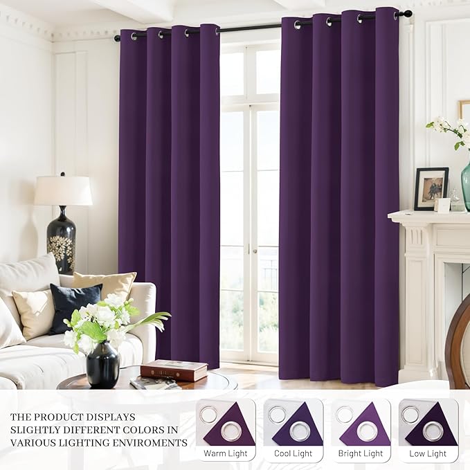 Yakamok Room Darkening 100% Blackout Curtains Grommet Window Treatments with 2 Thick Layers-Purple Thermal Insulated Drapes Set of 2 Panels for Bedroom Living Room 52 Inches by 96 Inches Length