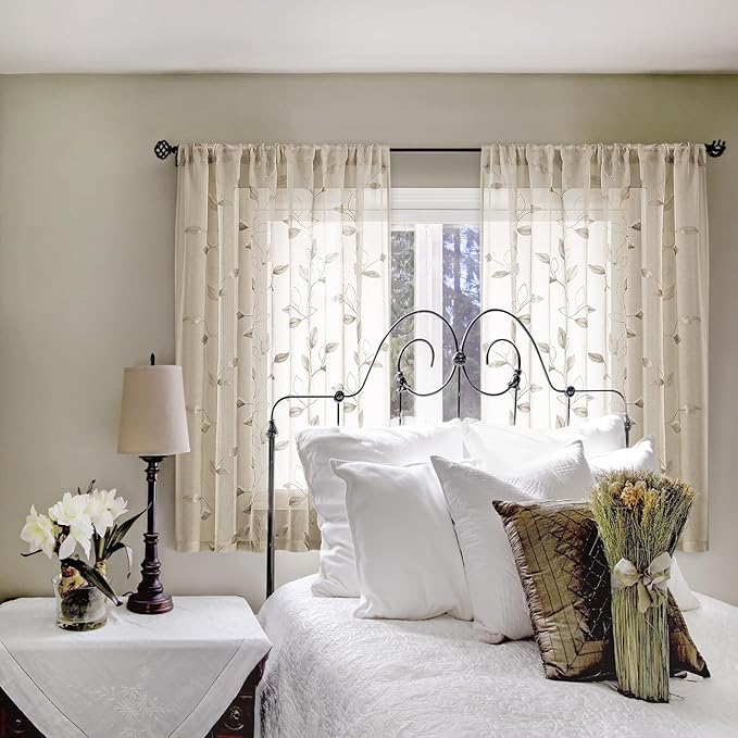 HOMEIDEAS Taupe Sheer Kitchen Curtains 52 x 45 Inch Length 2 Panels Beige Embroidered Leaf Pattern Short Curtains for Bedroom Half Small Window Rod Pocket Tiers
