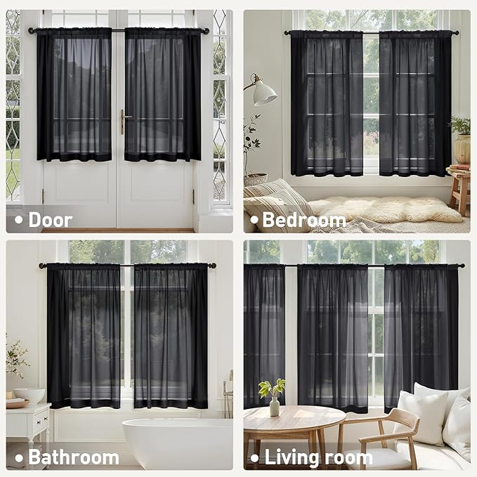 MIULEE Short Cafe Curtains 36 Inches Long, 4 Panels Set, Sheer Light Filtering Tier Curtains for Kitchen Windows Over Sink, Rod Pocket, 42W x 36 Inches, Black
