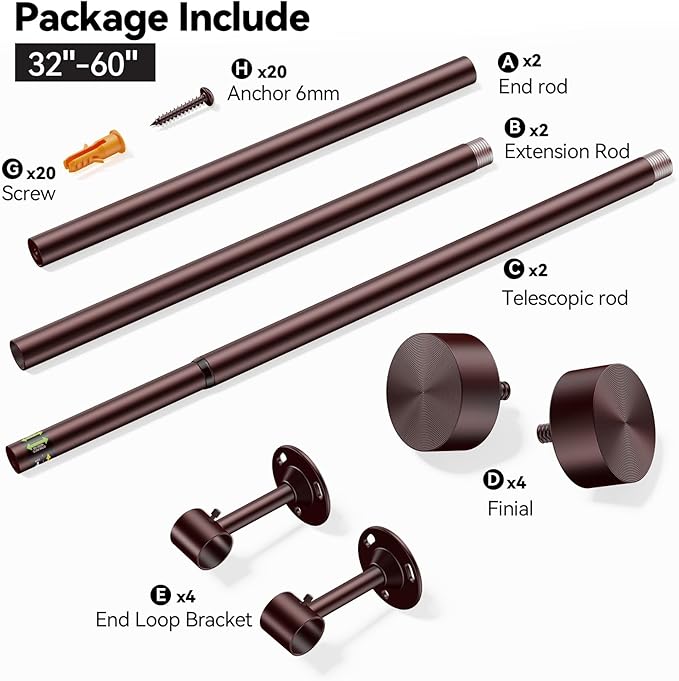 YaFex 2 Pack Heavy Duty Curtain Rods 32-60 Inch, 1 Inch Adjustable Curtain Rod for Windows, Bronze Short Window Treatment Rods Set with Aluminium Finials, Modern Design
