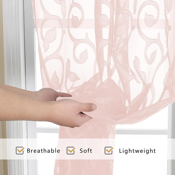 OWENIE Furman Sheer Curtains 84 inches Long for Bedroom Living Room 2 Panels Set, Clip Jacquard Solid Blush Pink Semi Sheer Curtains, Light Filtering Rod Pocket Curtain, 40Wx84L inch