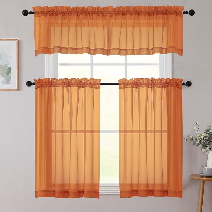 Cafe Curtains 36 Inch Length Tier 2 Pieces, Modern Soft Airy Sheer Kitchen Short Curtains for Small Window, Rod Pocket Small Curtain for Bathroom Basement, Orange, Each, 42" Wx36 L Inches