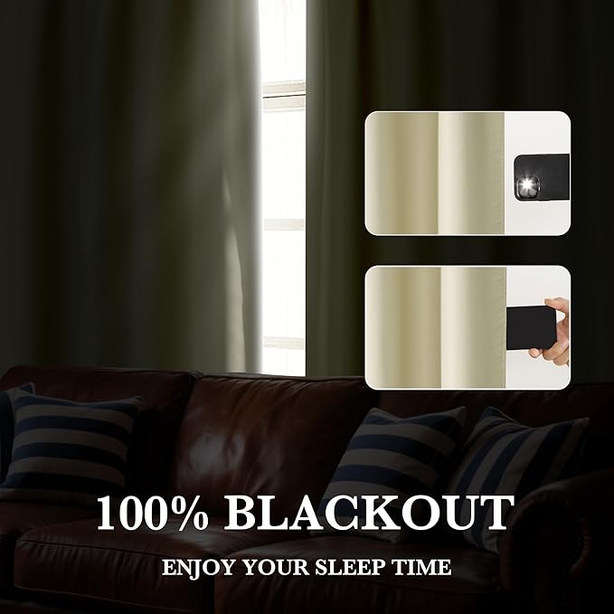 RYB HOME 100% Blackout Bathroom Curtains Over Sink 24 inches Long, Heat & UV Blocking Total Room Darkening Noise Reducing Curtains for Basement RV Campers, Beige, 2 Panels Set