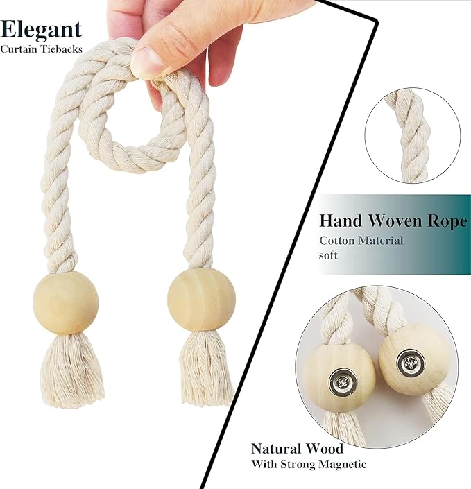 4 Pack Magnetic Curtain Tiebacks Cotton Hand Woven Tie Back Decorative Rope Holdbacks for Curtains Draperies No Tools Required, Beige