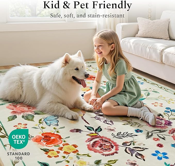 Rugflix 5x7 Washable Area Rug for Living Room, Soft Non Slip Low Pile Carpet, Floral Vintage Stain Resistant Rugs for Bedroom, Dining Room, Home Office, Beige Yellow