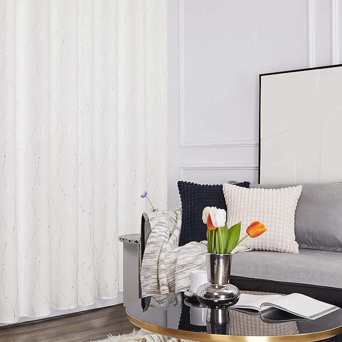 Deconovo White Curtains, Room Darkening Curtain, Thermal Insulated Soundproof Drapes, Wave Dots Silver Print, 38 x 36 Inch Long, Grommet Top, Window Panels for Living Room Bedroom Kitchen, Set of 2