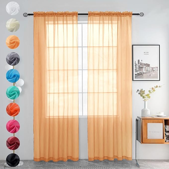 youleyar Solid Sheer Rod Pocket Curtain Voile Draperies 2 Panels White Beige Black Grey Coffee 52 Inch Width 84 Inch Long 1 Pair for Kitchen Bedroom Children Living Room Yard(Beige,52Wｘ84L)