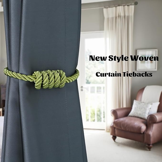 BEL AVENIR Magnetic Curtain Tiebacks, Decorative Drapery Holdbacks Modern Woven Tie-Backs with Exquisite Knot (Green, 2 Pack)