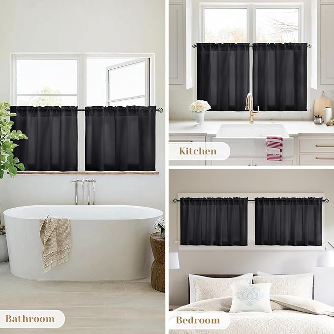 HOMEIDEAS Halloween Non-See-Through Black Privacy Sheer Kitchen Curtains, 30 X 36 Inches Long 2 Panels Short Sheer Curtains Light Filtering Bathroom Window Drapes for Bedroom Living Room