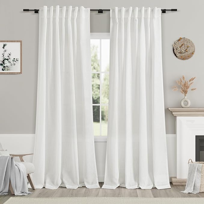 Off White Linen Curtains 92 inches Long for Bedroom Back Tab Light Filtering Privacy Sheer White Curtains Modern Farmhouse Coastal Decor Cotton Textured Gauze Curtain for Living Room 2 Panel Set