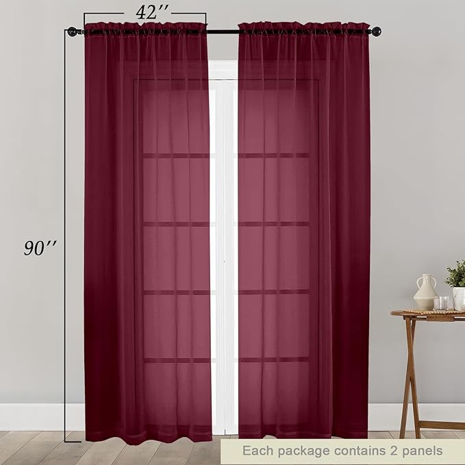 Sheer Burgundy Curtains for Bedroom Living Room 90 Inches Long 2 Panels Set, Soft Airy Light Filtering Sheer Window Treatments, Modern Rod Pocket Curtains Drapes, Each 42" Wx90 L Inch