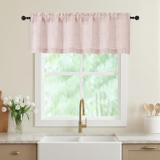 Blush Pink Valances for Windows, Light Filtering Faux Linen Textured Small Short Valance Curtains for Bathroom Basement Farmhouse, Rod Pocket Half Curtains for Windows, 60Wx16L Inch