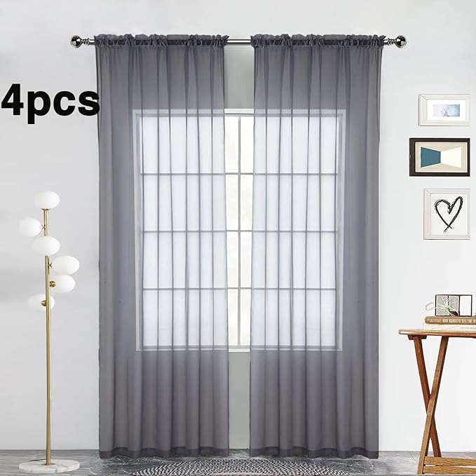 SpaceDresser Grey Sheer Curtains 4 Panels Rod Pocket Semi-Sheer Curtain 63 Inches Long Light Filtering Voile Window Drapes for Bedroom Living Room Kitchen, Each 52W x 63L
