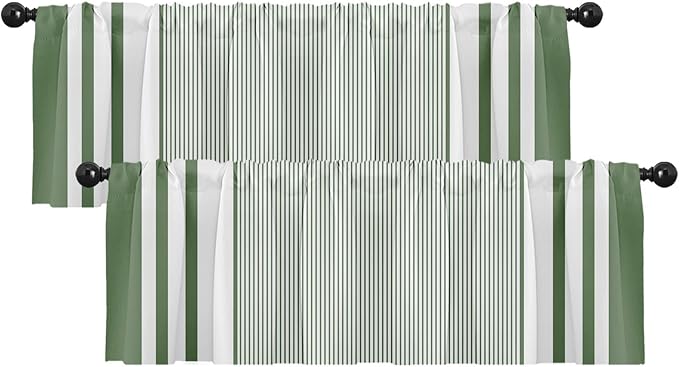 Emvency 2 Pack Valances Window Treatments, Striped Modern Green Farmhouse Minimalist Drapes Adjustable Curtain for Windows Living Room Kitchen Over Sink, 52x18 Inch Rod Pocket Valances
