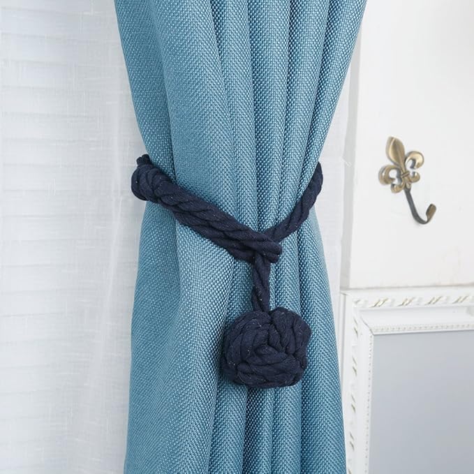 Melaluxe 2 Pack Curtain Tiebacks - Heavy Duty Curtain Rope Tieback, Handmade Rural Decorative Curtain Holdbacks (Navy Blue)