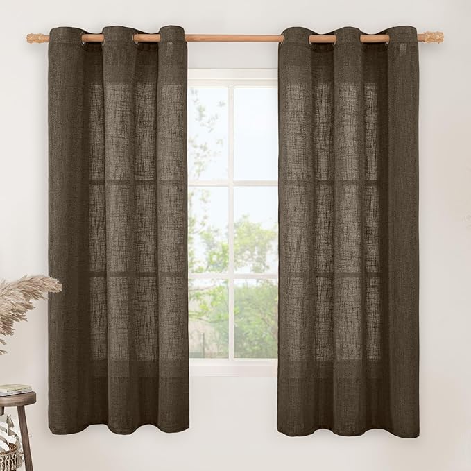 LAMIT Linen Curtains 63 Inch Length 2 Panels, Chocolate Linen Textured Light Filtering Panels Semi Sheer Bronze Grommet Window Drapes for Bedroom/Living Room, Dark Brown, 34 x 63 Inch