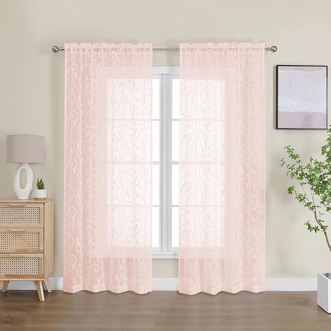 OWENIE Furman Blush Sheer Curtains, 72 inches Long 2 Panels Set, Light Filtering Top Rod Pocket Semi Sheer, Pink Door Curtains for Bedroom Living Room, 40Wx72L inch, Geometric Jacquard Design