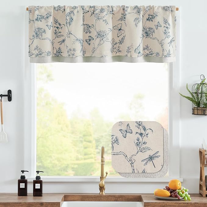 jinchan Floral Curtain Valance for Windows 16 Inch Linen Valance for Kitchen Living Room Rustic Cottage Farmhouse Flower Butterfly Curtain Rod Pocket 1 Panel Double Layer Blackout Blue on Beige