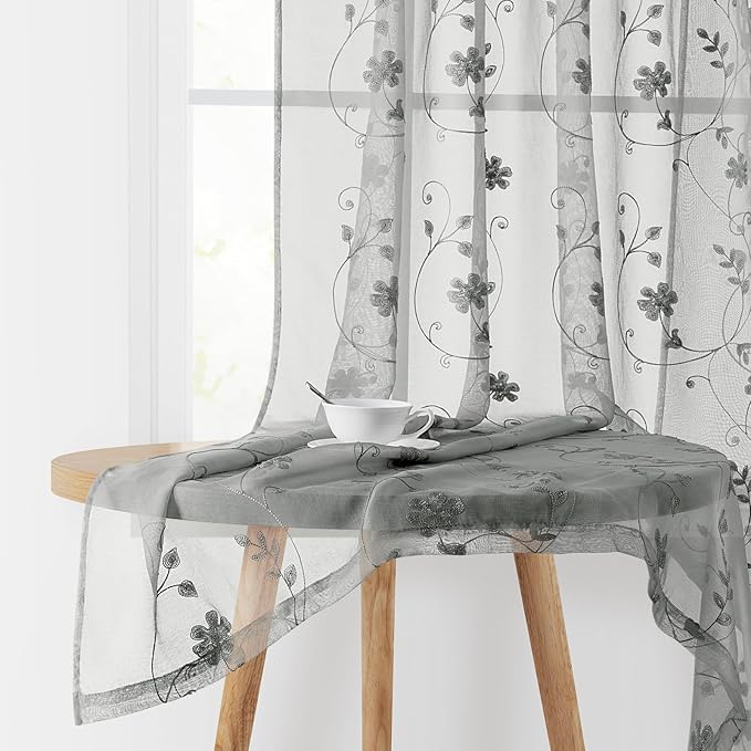 HOMEIDEAS Grey Sheer Curtains 84 Inches Long 2 Panels Embroidered Floral Pattern Semi Sheer Window Curtains for Bedroom Living Room