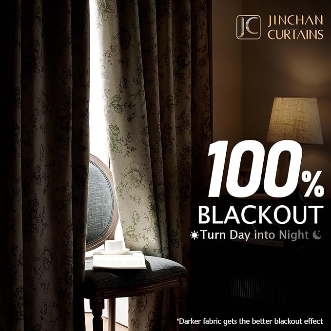 jinchan Blackout Floral Curtains for Living Room Bedroom Linen Blend Curtain Farmhouse Green Printed with Lined Back Tab Rod Pocket Drapes Window Treatments 2 Panels 96 Inch