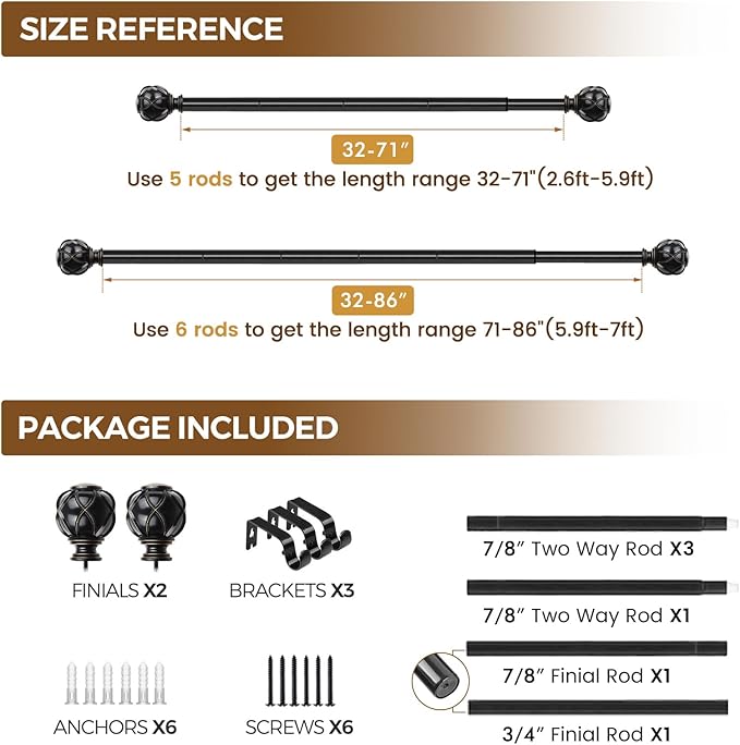KAMANINA Curtain Rods for Windows 48 to 84 Inch, Black Heavy Duty Curtain Rod Adjustable, 7/8 Inch Single Decorative Drapery Rod 32 to 86 Inch(2.6-7.1Ft), Netted Texture End
