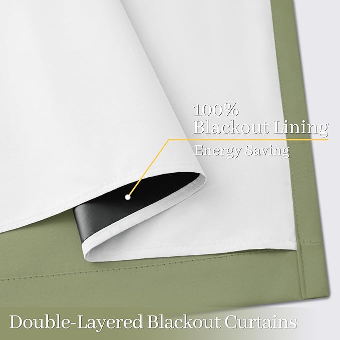 Yakamok 100% Blackout Curtain Panels 72 inches Cold and Light Blocking Drapes for Nursery, 2 Thick Layers Thermal Insulated Draperies (2 Pieces, 50 Wide Each Panel, Sage Front with White Backing)