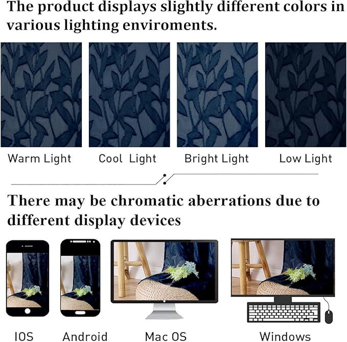 Lecloud Leia Navy Blue Sheer Curtains for Living Room Decor 78 Inches Long 2 Panels Set, Jacquard Leaf Textured Light Filtering Bedroom Curtains, Rod Pockets Airy Drapes, Each Panel 42" W x 78" L