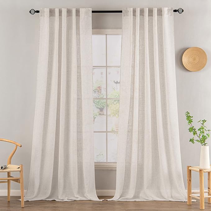 MIULEE White Linen Curtains 120 Inches Long for Bedroom Living Room, Soft Thick Linen Textured Extra Long Window Drapes Semi Sheer Light Filtering Rod Pocket Back Tab Burlap Look, 2 Panels 10 Ft