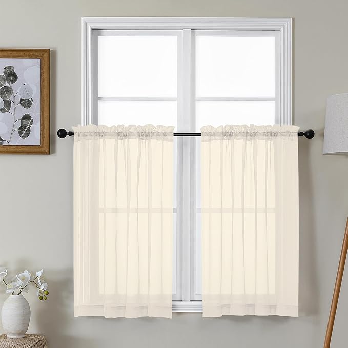 Gwine Cream Sheer Kitchen Curtains 36 Inch Length, Light Filtering Voile Soft Airy Small Cafe Curtains, Short Window Curtain for Bathroom Basement, 42x36 inch, 2PCS