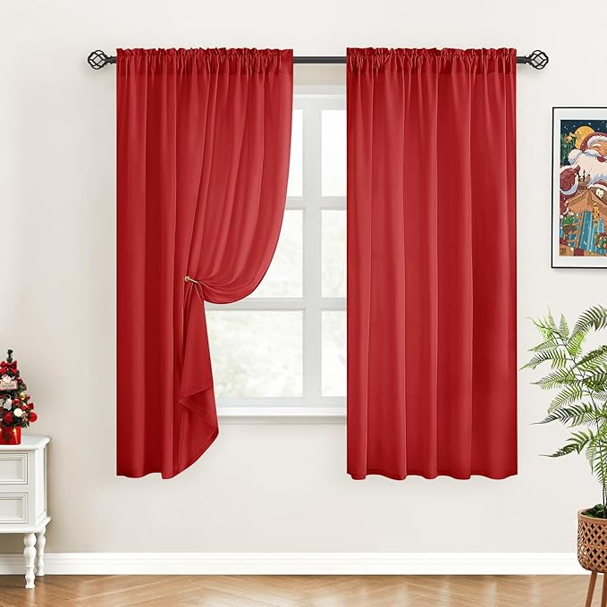 HOMEIDEAS Christmas Non-See-Through Red Privacy Sheer Curtains, 52 X 63 Inches Long 2 Panels Sheer Curtains Light Filtering Window Drapes for Bedroom Living Room