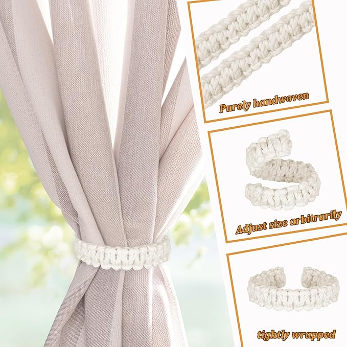 Ptwola 1 Pack Braided Curtain Tiebacks Boho Elegant Rustic Curtain Holdbacks Tie Backs Holders Set Simple Light Weight Drapes Decorative Accessories Handmade for Home Office Bedroom Window (2, White)