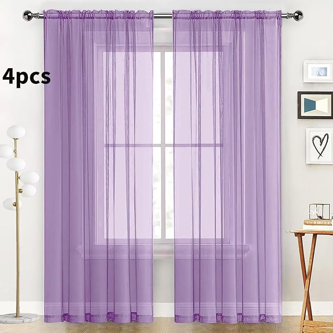 SpaceDresser Lavender Sheer Curtains 4 Panels Rod Pocket Semi-Sheer Curtain 84 Inches Long Light Filtering Voile Window Drapes for Bedroom Living Room Kitchen, Each 52W x 84L