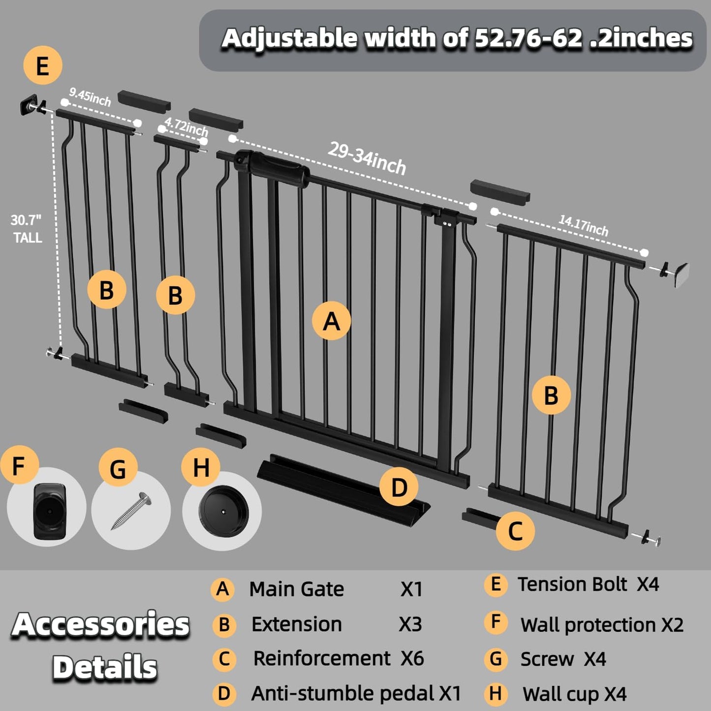 TSAYAWA Walk Through Baby Gate with Door, 52.76~62.2 Inch Wide Presure Mounted No Drill Metal Auto Close Child Gate for Stair Doorway - Indoor Outdoor Safty Gate for Toddler Dog Doggie, Black