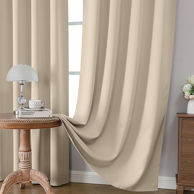 CUCRAF Light Beige Blackout Curtains 96 inch Length 2 Panels Set, Rod Pocket Room Darkening Drapes for Bedroom Living Room, Insulated Thermal Light Blocking Window Curtain (W52 x L96 Inch)