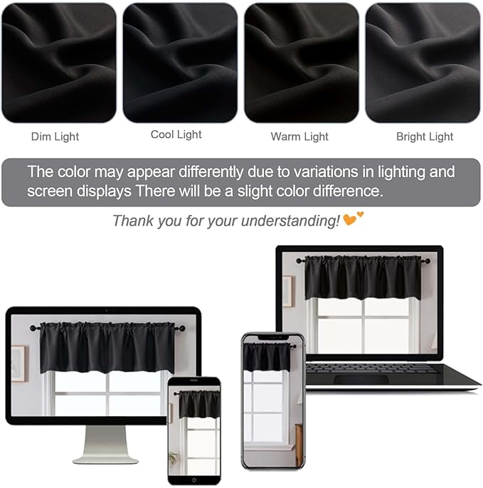 Chyhomenyc Black Valances for Window, Room Darkening Short Curtains for Kitchen Bedroom Living Room, Rod Pocket Top Small Window Treatment Valance RV Bunk Panels, 60" Wx14 L, 2 Pieces