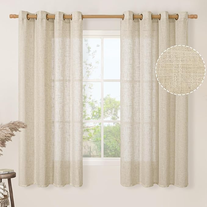 LAMIT Semi Sheer Linen Curtains 68 Inch Length for Bedroom, Light Filtering Window Drapes Bronze Grommet Linen Textured Panels for Living Room/Farmhouse, Linen, 52 x 68 Inch