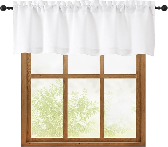 OWENIE White Valances for Windows 1 Pcs, Light Filtering Textured Farmhouse Short Small Valance Curtains for Bathroom Basement Living Room Bedroom, Rod Pocket Half Curtains Over Sink, 52" Wx16 L
