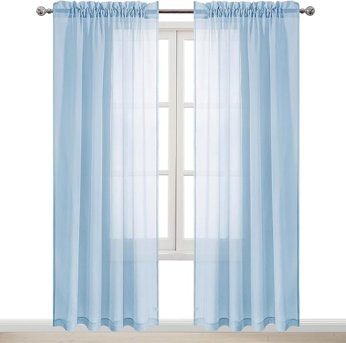 DWCN Sky Blue Sheer Curtains Semi Transparent Voile Rod Pocket Curtains for Bedroom and Living Room, 52 x 84 inches Long, Set of 2 Panels