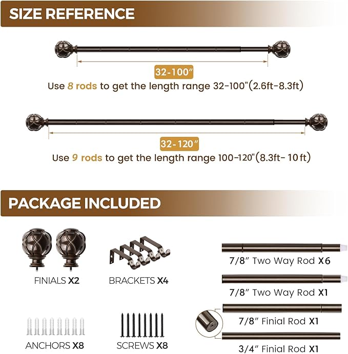 KAMANINA Curtain Rods for Windows 66 to 120 Inch, 7/8 Inch Antique Bronze Heavy Duty Curtain Rod 32 to 120 (2.6-10ft), Adjustable Decorative Drapery Rods with Netted Texture End