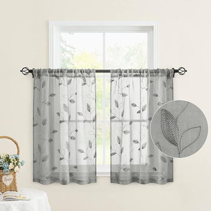 HOMEIDEAS Grey Sheer Kitchen Curtains 30 X 24 Inch Length 2 Panels Embroidered Leaf Pattern Short Curtains for Small Window Valance Tiers
