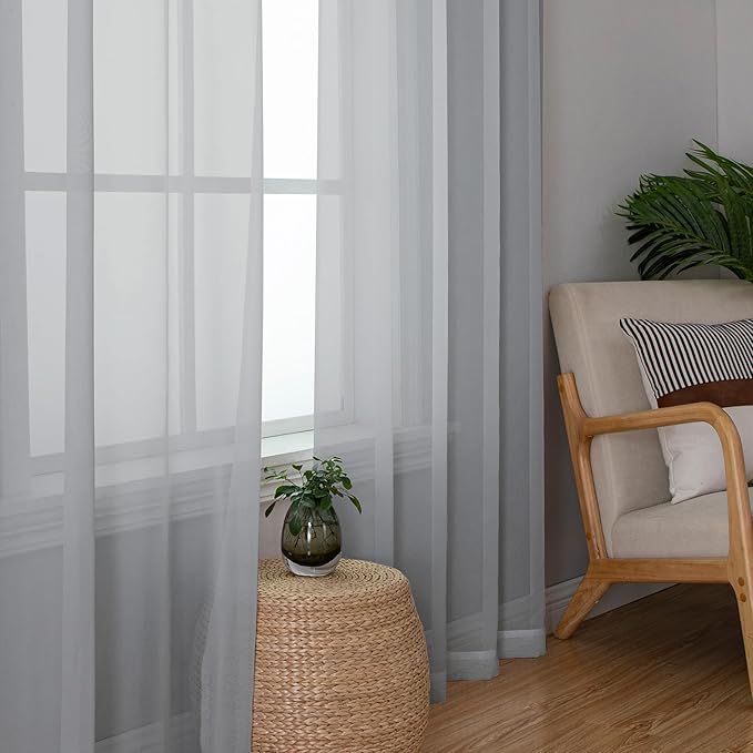 Lecloud Light Grey Sheer Curtains 84 Inch Length 2 Panels, Balance Light & Privacy Dining Room/Bedroom/Living Room Window Silver Gray Curtain, Dual Rod Pockets Solid Voile Drapes, 40x84 Inches