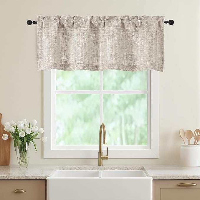 Valances for Windows, Light Filtering Faux Linen Textured Small Short Window Curtain for Bathroom Basement Farmhouse, Rod Pocket Top Half Curtains for Windows, Linen 52Wx18L Inch