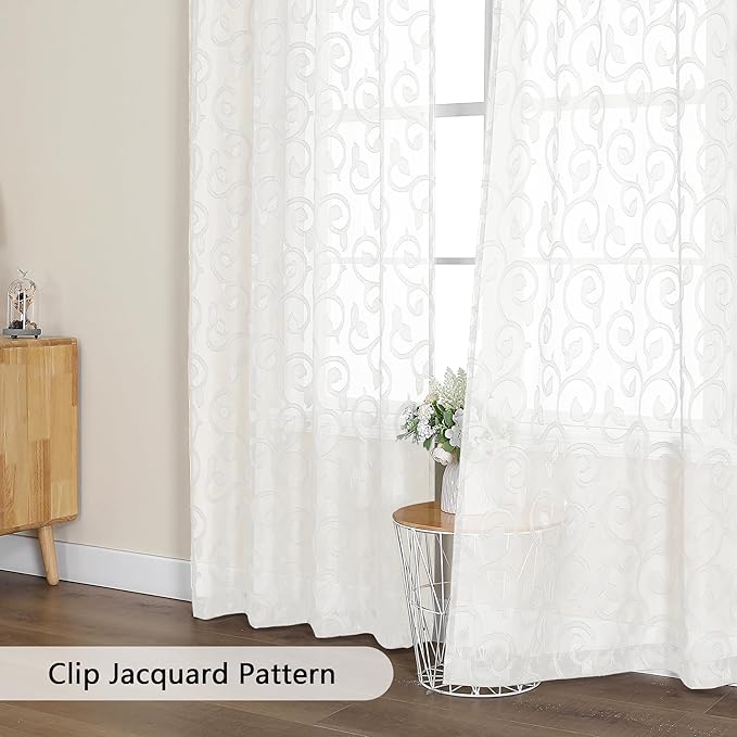 OWENIE Furman Ivory Sheer Curtains 96 inches Long for Bedroom Living Room 2 Panels Set, Light Filtering Soft Semi Sheer Jacquard Clip Farmhouse Curtains Rod Pocket Design, 40Wx96L inch