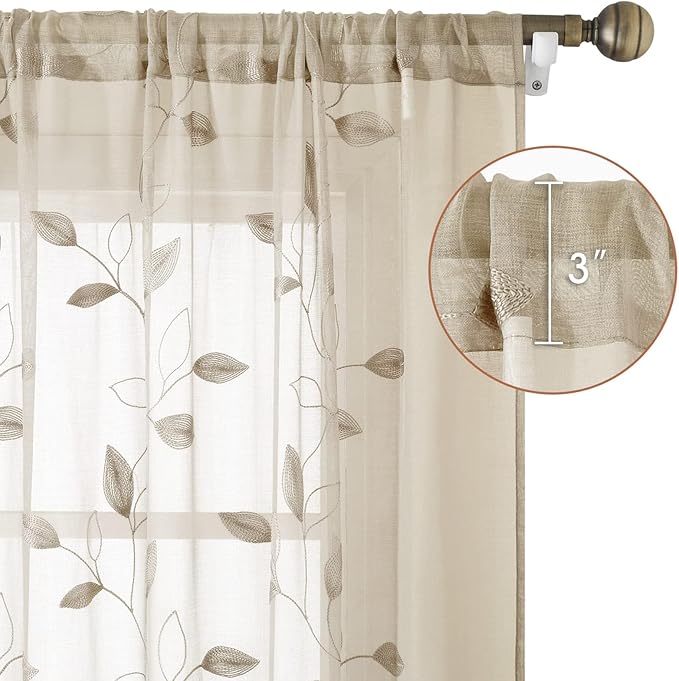 HOMEIDEAS Taupe Sheer Kitchen Curtains 52 x 45 Inch Length 2 Panels Beige Embroidered Leaf Pattern Short Curtains for Bedroom Half Small Window Rod Pocket Tiers